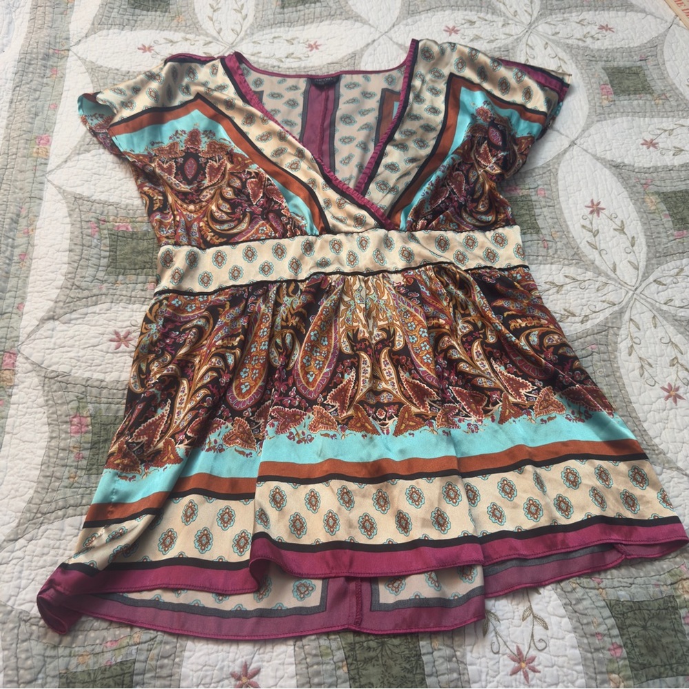 Nicole Scarf Print Paisley Babydoll Tunic Top M Boho V Neck Cap Sleeve - Picture 4 of 8